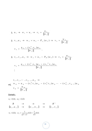  

                       

 

 

                                                                                               w
    1. u 1 →                                       = u            →           v1 =                 1
                                      w       1              1                                                 . 
                                                                                               w   1


                                                                                                                                                 w
    2. v 1 , u                2       →            w     2     = u        2       − P v1 ( u           2   ) →               v   2       =           2
                                                                                                                                                             . 
                                                                                                                                                 w   2


                                  u               − ( v 1T . v 1 ) u
             v    2       =           2                                               2
                                                                                          . 
                                                      w 2

                                                                                                                                                         w
    3. v 1 , v 2 , u                          3    →         w    3       = u         3   − PΠ (u                   3   ) →              v   3   =           3
                                                                                                                                                                     . 
                                                                                                                                                         w   3



                                                  − ( v 1T . v 1 ) u 3 − ( v
                                                                                                       T
                                  u                                                                            v        )u
             v    3       =           3                                                            2               2         3

                                                                   w 3                                                                
          M

          

         v1 , v           2   ,L , v                    m −1     ,u   m           →
         w                = u                     − ( v 1T v 1 ) u                        − (v     T
                                                                                                           v        )u           L − (v              T
                                                                                                                                                     m −1        v   m −1   )u
m).              m                    m                                           m                2           2         m                                                       m
                                                                                                                                                                                      
                                  w
         v    m       =                   m
                                                    .
                                  w       m


Exemple :  

u1 = (1,1); ; u 2 = (1,2)  

     B                            →                         →                              →                       B '
{u 1 , u          2   }           →                     {w 1 , w              2   }        →                   {v 1 , v          2   } 
                                              1                       1
w1 = (1,1); ; v 2 =                                     (1,1) =           (1,1).  
                                      1 +12         2
                                                                      2



 
                                                                                               34 
 