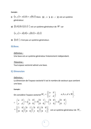 Exemple :  

    1)   (x, y ) = x(1,0) + y (0,1)  Donc  {(1 , 0     ); (0   ,1   )} est un système 
         générateur. 
          
    2)   {(1,0 ), (0,1), (1,1) } est un système générateur de  ℜ²  car 
          
         (x, y ) = x(1,0) + y(0,1) + z (1,1)  
          
    3)   {(1,0) } n’est pas un système générateur.  
          
    D) Base.  
        
         Définition :  
         Une base est un système générateur linéairement indépendant. 
          
         Théorème :  
         Tout espace vectoriel admet une base. 
          
    E) Dimension  
          
         Définition : 
         La dimension de l’espace vectoriel V est le nombre de vecteurs que contient 
         une base. 
          
         Exemple :  
                                                      ⎧⎛ a   b⎞                 ⎫
         On considère l’espace vectoriel M 2 = ⎨⎜
                                                ⎜             ⎟,a , b, c, d ∈ ℜ ⎬ . 
                                                      ⎩⎝ c   d⎟
                                                              ⎠                 ⎭
            ⎛a b ⎞      ⎛1 0⎞ ⎛0 1⎞ ⎛0 0⎞                     ⎛0 0⎞
         o ⎜⎜     ⎟ = a⎜        ⎟ + b⎜     ⎟ + c⎜        ⎟ + d⎜
                                                              ⎜0 1⎟  
            ⎝ e d⎟⎠
                        ⎜0 0⎟ ⎜0 0⎟ ⎜1 0⎟
                        ⎝       ⎠ ⎝        ⎠ ⎝           ⎠    ⎝
                                                                       ⎟
                                                                       ⎠
           ⎧⎛ 1 0 ⎞ ⎛ 0 1 ⎞ ⎛ 0 0 ⎞ ⎛ 0 0 ⎞ ⎫
         = ⎨⎜
            ⎜ 0 0 ⎟, ⎜ 0 0 ⎟, ⎜ 1 0 ⎟, ⎜ 0 1 ⎟ ⎬    est un système générateur de  M 2 . 
                  ⎟⎜       ⎟⎜         ⎟⎜      ⎟
           ⎩⎝     ⎠⎝       ⎠⎝         ⎠⎝      ⎠⎭
          

 
                                                 9 
 