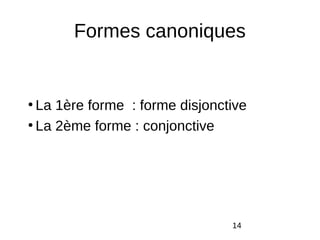 14
Formes canoniques
●
La 1ère forme : forme disjonctive
●
La 2ème forme : conjonctive
 