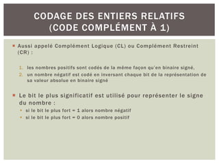 ¡ Aussi appelé Complément Logique (CL) ou Complément Restreint
(CR) :
1. les nombres positifs sont codés de la même façon qu’en binaire signé,
2. un nombre négatif est codé en inversant chaque bit de la représentation de
sa valeur absolue en binaire signé
¡ Le bit le plus significatif est utilisé pour représenter le signe
du nombre :
§ si le bit le plus fort = 1 alors nombre négatif
§ si le bit le plus fort = 0 alors nombre positif
CODAGE DES ENTIERS RELATIFS
(CODE COMPLÉMENT À 1)
 