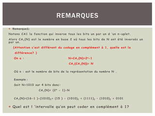 ¡ Remarque1:
Notons CA1 la fonction qui inverse tous les bits un par un d ‘un n-uplet.
Alors CA1 (N) est le nombre en base 2 où tous les bits de N ont été inversés un
par un.
(Attention c’est différent du codage en complément à 1, quelle est la
différence? )
On a : N+CA1(N)=2n-1
CA1(CA1(N))= N
Où n : est le nombre de bits de la représentation du nombre N .
Exemple :
Soit N=1010 sur 4 bits donc:
CA1(N)= (24 - 1)-N
CA1(N)=(16-1 )-(1010)2= (15 ) - (1010)2 = (1111)2 – (1010)2 = 0101
¡ Quel est l ‘intervalle qu’on peut coder en complément à 1?
REMARQUES
 
