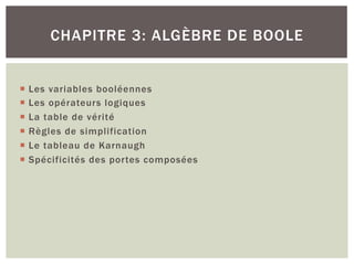 ¡ Les variables booléennes
¡ Les opérateurs logiques
¡ La table de vérité
¡ Règles de simplification
¡ Le tableau de Karnaugh
¡ Spécificités des portes composées
CHAPITRE 3: ALGÈBRE DE BOOLE
 