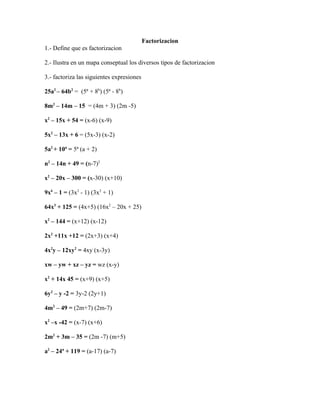 Factorizacion
1.- Define que es factorizacion

2.- Ilustra en un mapa conseptual los diversos tipos de factorizacion

3.- factoriza las siguientes expresiones

25a2 – 64b2 = (5ª + 8b) (5ª - 8b)

8m2 – 14m – 15 = (4m + 3) (2m -5)

x2 – 15x + 54 = (x-6) (x-9)

5x2 – 13x + 6 = (5x-3) (x-2)

5a2 + 10ª = 5ª (a + 2)

n2 – 14n + 49 = (n-7)2

x2 – 20x – 300 = (x-30) (x+10)

9x6 – 1 = (3x3 - 1) (3x3 + 1)

64x3 + 125 = (4x+5) (16x2 – 20x + 25)

x2 – 144 = (x+12) (x-12)

2x2 +11x +12 = (2x+3) (x+4)

4x2y – 12xy2 = 4xy (x-3y)

xw – yw + xz – yz = wz (x-y)

x2 + 14x 45 = (x+9) (x+5)

6y2 – y -2 = 3y-2 (2y+1)

4m2 – 49 = (2m+7) (2m-7)

x2 –x -42 = (x-7) (x+6)

2m2 + 3m – 35 = (2m -7) (m+5)

a2 – 24ª + 119 = (a-17) (a-7)
 