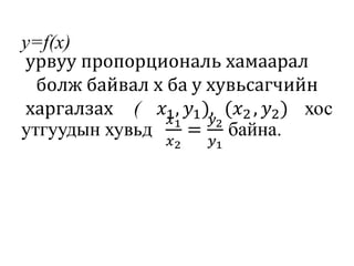 y=f(x)
урвуу пропорциональ хамаарал
болж байвал х ба у хувьсагчийн
харгалзах ( 𝑥1, 𝑦1), (𝑥2 , 𝑦2) хос
утгуудын хувьд
𝑥1
𝑥2
=
𝑦2
𝑦1
байна.
 