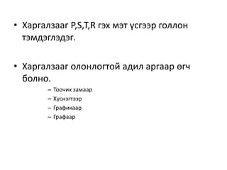• Харгалзааг P,S,T,R гэх мэт үсгээр голлон
тэмдэглэдэг.
• Харгалзааг олонлогтой адил аргаар өгч
болно.
– Тоочих замаар
– Хүснэгтээр
– Графикаар
– Графаар
 