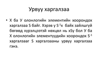 Урвуу харгалзаа
• Х ба У олонлогийн элементийн хоорондох
харгалзаа S байг. Хэрэв у S-1х байх зайлшгүй
бөгөөд хүрэлцээтэй нөхцөл нь хSу бол У ба
Х олонлогийн элементүүдийн хоорондох S-1
харгалзааг S харгалзааны урвуу харгалзаа
гэнэ.
 