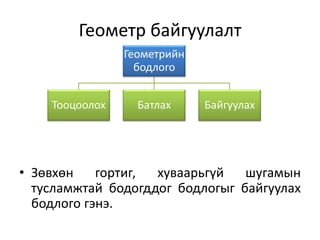 Геометр байгуулалт
• Зөвхөн гортиг, хуваарьгүй шугамын
тусламжтай бодогддог бодлогыг байгуулах
бодлого гэнэ.
Геометрийн
бодлого
Тооцоолох Батлах Байгуулах
 