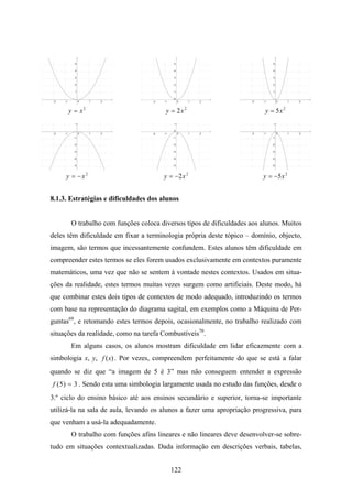 y = x2                            y = 2x 2                          y = 5x 2




     y = −x2                           y = −2x 2                         y = −5x 2


8.1.3. Estratégias e dificuldades dos alunos


       O trabalho com funções coloca diversos tipos de dificuldades aos alunos. Muitos
deles têm dificuldade em fixar a terminologia própria deste tópico – domínio, objecto,
imagem, são termos que incessantemente confundem. Estes alunos têm dificuldade em
compreender estes termos se eles forem usados exclusivamente em contextos puramente
matemáticos, uma vez que não se sentem à vontade nestes contextos. Usados em situa-
ções da realidade, estes termos muitas vezes surgem como artificiais. Deste modo, há
que combinar estes dois tipos de contextos de modo adequado, introduzindo os termos
com base na representação do diagrama sagital, em exemplos como a Máquina de Per-
guntas69, e retomando estes termos depois, ocasionalmente, no trabalho realizado com
situações da realidade, como na tarefa Combustíveis70.
       Em alguns casos, os alunos mostram dificuldade em lidar eficazmente com a
simbologia x, y, f ( x) . Por vezes, compreendem perfeitamente do que se está a falar
quando se diz que “a imagem de 5 é 3” mas não conseguem entender a expressão
f ( 5 ) = 3 . Sendo esta uma simbologia largamente usada no estudo das funções, desde o
3.º ciclo do ensino básico até aos ensinos secundário e superior, torna-se importante
utilizá-la na sala de aula, levando os alunos a fazer uma apropriação progressiva, para
que venham a usá-la adequadamente.
       O trabalho com funções afins lineares e não lineares deve desenvolver-se sobre-
tudo em situações contextualizadas. Dada informação em descrições verbais, tabelas,


                                         122
 