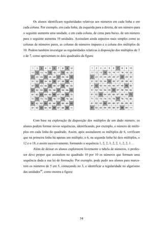 Os alunos identificam regularidades relativas aos números em cada linha e em
cada coluna. Por exemplo, em cada linha, da esquerda para a direita, de um número para
o seguinte aumenta uma unidade, e em cada coluna, de cima para baixo, de um número
para o seguinte aumenta 10 unidades. Assinalam ainda aspectos mais simples como as
colunas de números pares, as colunas de números ímpares e a coluna dos múltiplos de
10. Podem também investigar as regularidades relativas à disposição dos múltiplos de 3
e de 7, como apresentam os dois quadrados da figura:




       Com base na exploração da disposição dos múltiplos de um dado número, os
alunos podem formar novas sequências, identificando, por exemplo, o número de múlti-
plos em cada linha do quadrado. Assim, após assinalarem os múltiplos de 6, verificam
que na primeira linha há apenas um múltiplo, o 6, na segunda linha há dois múltiplos, o
12 e o 18, e assim sucessivamente, formando a sequência 1, 2, 2, 1, 2, 2, 1, 2, 2, 1…
       Além de deixar os alunos explorarem livremente a tabela de números, o profes-
sor deve propor que assinalem no quadrado 10 por 10 os números que formam uma
sequência dada a sua lei de formação. Por exemplo, pode pedir aos alunos para marca-
rem os números de 5 em 5, começando no 3, e identificar a regularidade no algarismo
das unidades40, como mostra a figura:




                                           54
 