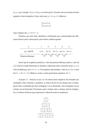(n, u n ) , por exemplo, (1, u1 ) e (2, u2 ) , no termo geral e ficamos com um sistema de duas

equações a duas incógnitas. Como, neste caso, u1 =1 e u2 = 3, obtém-se:


                                        ⎧1 = a ×1 + b
                                        ⎨
                                        ⎩3 = a × 2 + b


cujas soluções são a = 2 e b = −1 .
       Podemos, por outro lado, identificar a informação que a determinação das dife-
renças fornece para o termo geral, como ilustra a tabela seguinte:


                     n                 1              2         3         4         5

               un = an+b              a +b       2a + b       3a + b    4a + b    5a + b

         Primeira diferença                  a            a         a         a


       Neste tipo de sequência numérica o valor da primeira diferença indica o valor de
a. O valor de b pode determinar-se fazendo a subtracção entre o primeiro termo, u1 , e o

valor da diferença, isto é b = u1 − a . Na sequência apresentada o valor de a é 2 e o valor
de b é − 1 ( b = 1 − 2 ). Obtém-se, assim, o termo geral desta sequência, 2n −1.


       Exemplo 13 – Relação do tipo an. Os termos desta sequência são formados por
rectângulos. Para continuar a sequência, os alunos devem ter em atenção que a orienta-
ção do bloco constituído por dois rectângulos vai-se alternando, com rectângulos ora na
vertical, ora na horizontal. Procuramos aqui a relação entre o número total de rectângu-
los e o número de blocos (que representa a ordem do termo na sequência):




                                                 62
 