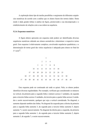 A exploração deste tipo de tarefas possibilita o surgimento de diferentes sequên-
cias numéricas de acordo com a análise que os alunos fazem dos termos dados. Deste
modo é dada grande ênfase à análise da figura, promovendo a sua decomposição e o
estabelecimento de relações com a sua ordem na sequência.


5.2.4. Esquemas numéricos


        A figura abaixo apresenta um esquema onde podem ser identificadas diversas
sequências numéricas cabendo aos alunos assinalá-las e determinar o respectivo termo
geral. Este esquema é relativamente complexo, envolvendo sequências quadráticas, e a
determinação do termo geral das várias sequências é adequada para alunos no final do
3.º ciclo44.




        Este esquema pode ser continuado até onde se quiser. Nele, os alunos podem
identificar diversas regularidades. Por exemplo, verificam que considerando os números
na vertical, da primeira para a segunda linha o número acresce 2 unidades, da segunda
para a terceira linhas acresce 4 unidades, da terceira para a quarta linha acresce 6 unida-
des e assim sucessivamente, qualquer que seja a vertical considerada. Na diagonal, o
aumento depende também das linhas. Na diagonal da esquerda para a direita da primeira
para a segunda linha aumenta 3, da segunda para a terceira linhas aumenta 5, depois
aumenta 7 e assim sucessivamente. Na diagonal da direita para a esquerda, da primeira
para a segunda linha aumenta 1, da segunda para a terceira linhas aumenta 3, depois
aumenta 5, de seguida 7, e assim sucessivamente.


                                            69
 