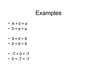 Examples A + 0 = a 0 + a = a 9 + 0 = 9 0 + 9 = 9 -7 + 0 = -7 0 + -7 = -7 