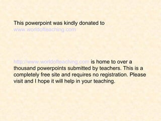 This powerpoint was kindly donated to
www.worldofteaching.com




http://www.worldofteaching.com is home to over a
thousand powerpoints submitted by teachers. This is a
completely free site and requires no registration. Please
visit and I hope it will help in your teaching.
 