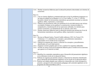 3.4.6. Diseñar secuencias didácticas para la educación primaria relacionadas con sistemas de
       ecuaciones.

Para 3.5.
3.5.1. Usar un sistema algebraico computarizado para revisar los problemas propuestos en
       las hojas de trabajo de los Bloques 4, 6, 8 y 9 en Cedillo, T. y Cruz, V. (2012b)
       haciendo evidente las herramientas matemáticas que permiten encontrar su solución
       (gráficas, tablas, expresiones y ecuaciones).
3.5.2. Elaborar una presentación sobre tres problemas de la actividad anterior que incluya
       con detalle el trabajo con las gráficas, la construcción y lectura de tablas, la
       manipulación y transformación de las expresiones utilizadas, los métodos para
       resolver ecuaciones y la interpretación de su solución, entre otros.
3.5.3. Diseñar situaciones didácticas para la educación primaria que promuevan el uso de
       herramientas matemáticas como gráficas, tablas, expresiones y ecuaciones.

Para 3.6.
3.6.1. Revisar en Masami Isoda y Tenoch Cedillo (editores), 2012, los Tomos I-VI,
       Volúmenes 1-11 e identificar los conceptos y procedimientos matemáticos
       relacionados con el estudio de las ecuaciones.
3.6.2. Elaborar un esquema que conecte y relacione los conceptos y procedimientos
       identificados en la actividad anterior.
3.6.3. Organizar sesiones grupales para revisar y analizar los esquemas elaborados.
3.6.4. Escribir un ensayo acerca de la propuesta didáctica para el estudio de las ecuaciones
       que aparece en el material revisado.

Para 3.7.
3.7.1. Identificar los contenidos matemáticos para el desarrollo del pensamiento algebraico
       en los diferentes niveles de la educación básica.
3.7.2. Elaborar un esquema que permita conectar y relacionar los elementos identificados
       para el desarrollo del pensamiento algebraico en los niveles de la educación básica.
3.7.3. Realizar actividades grupales que coadyuven a desarrollar una visión retrospectiva,
       presente y prospectiva del conocimiento pedagógico del contenido algebraico en los
       programas de Educación Básica (2011).
                         37
 