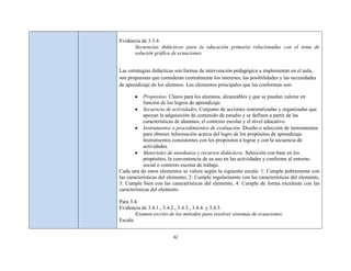 Evidencia de 3.3.4.
      Secuencias didácticas para la educación primaria relacionadas con el tema de
      solución gráfica de ecuaciones.


Las estrategias didácticas son formas de intervención pedagógica a implementar en el aula,
son propuestas que consideran centralmente los intereses, las posibilidades y las necesidades
de aprendizaje de los alumnos. Los elementos principales que las conforman son:

            Propósitos. Claros para los alumnos, alcanzables y que se puedan valorar en
            función de los logros de aprendizaje.
            Secuencia de actividades. Conjunto de acciones sistematizadas y organizadas que
            apoyan la adquisición de contenido de estudio y se definen a partir de las
            características de alumnos, el contexto escolar y el nivel educativo.
            Instrumentos o procedimientos de evaluación. Diseño o selección de instrumentos
            para obtener información acerca del logro de los propósitos de aprendizaje.
            Instrumentos consistentes con los propósitos a lograr y con la secuencia de
            actividades.
            Materiales de enseñanza y recursos didácticos. Selección con base en los
            propósitos, la conveniencia de su uso en las actividades y conforme al entorno
            social o contexto escolar de trabajo.
Cada una de estos elementos se valora según la siguiente escala: 1: Cumple pobremente con
las características del elemento, 2: Cumple regularmente con las características del elemento,
3: Cumple bien con las características del elemento, 4: Cumple de forma excelente con las
características del elemento.

Para 3.4.
Evidencia de 3.4.1., 3.4.2., 3.4.3., 3.4.4. y 3.4.5.
        Examen escrito de los métodos para resolver sistemas de ecuaciones.
Escala:


                         42
 
