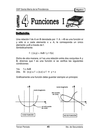 CEP Santa María de la Providencia




Defiiniiciión
Def n c ón

Una relación f de A en B denotada por f: A →B es una función si
y sólo si a cada elemento x  A, le corresponda un único
elemento yB a través de f.
Simbólicamente:

             f : { (x;y)  AxB / y = f(x)

Dicho de otra manera, si f es una relación entre dos conjuntos A y
B, diremos que f es una función si se verifica las siguientes
condiciones:

1ra.   f  AxB
2da.   Si: (x;y)  f  (x;z)  f  y = z

Gráficamente una función debe guardar siempre un principio:




Tercer Periodo                   45             5to. de Secundaria
 