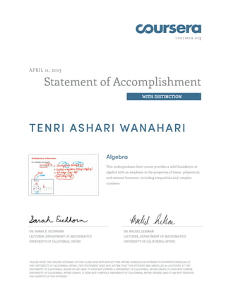 coursera.org




APRIL 11, 2013


           Statement of Accomplishment
                                                                                      WITH DISTINCTION




TENRI ASHARI WANAHARI

                                                           Algebra
                                                           This undergraduate-level course provides a solid foundation in
                                                           algebra with an emphasis in the properties of linear, polynomial,
                                                           and rational functions, including inequalities and complex
                                                           numbers.




DR. SARAH E. EICHHORN                                                   DR. RACHEL LEHMAN
LECTURER, DEPARTMENT OF MATHEMATICS                                     LECTURER, DEPARTMENT OF MATHEMATICS
UNIVERSITY OF CALIFORNIA, IRVINE                                        UNIVERSITY OF CALIFORNIA, IRVINE




"PLEASE NOTE: THE ONLINE OFFERING OF THIS CLASS DOES NOT REFLECT THE ENTIRE CURRICULUM OFFERED TO STUDENTS ENROLLED AT
THE UNIVERSITY OF CALIFORNIA, IRVINE. THIS STATEMENT DOES NOT AFFIRM THAT THIS STUDENT WAS ENROLLED AS A STUDENT AT THE
UNIVERSITY OF CALIFORNIA, IRVINE IN ANY WAY. IT DOES NOT CONFER A UNIVERSITY OF CALIFORNIA, IRVINE GRADE; IT DOES NOT CONFER
UNIVERSITY OF CALIFORNIA, IRVINE CREDIT; IT DOES NOT CONFER A UNIVERSITY OF CALIFORNIA, IRVINE DEGREE; AND IT HAS NOT VERIFIED
THE IDENTITY OF THE STUDENT."
 