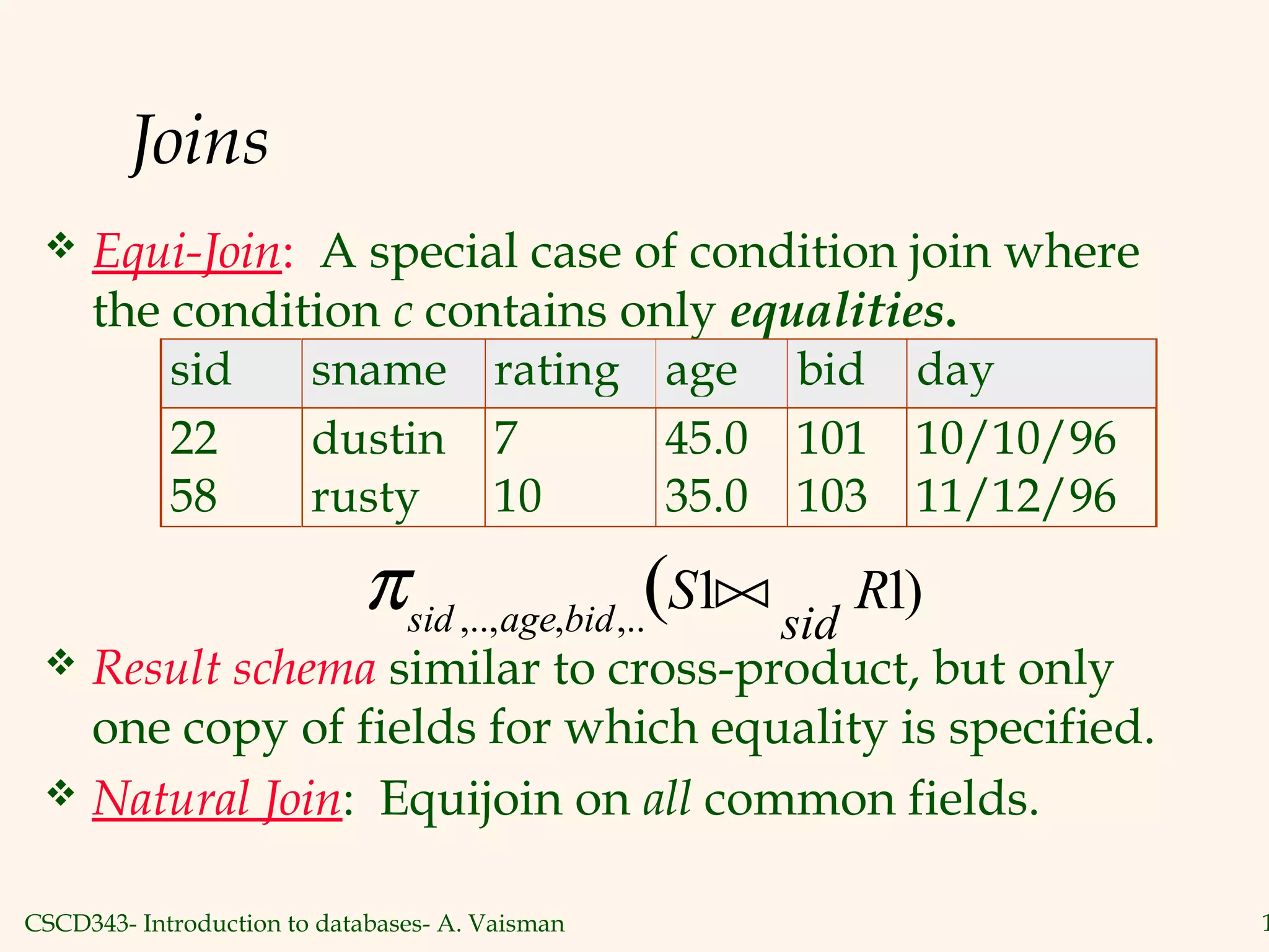 CSCD343- Introduction to databases- A. Vaisman 1
Joins
 Equi-Join: A special case of condition join where
the condition c contains only equalities.
 Result schema similar to cross-product, but only
one copy of fields for which equality is specified.
 Natural Join: Equijoin on all common fields.
sid sname rating age bid day
22 dustin 7 45.0 101 10/10/96
58 rusty 10 35.0 103 11/12/96
)11(,..,,..,
RS
sidbidagesid
π
 