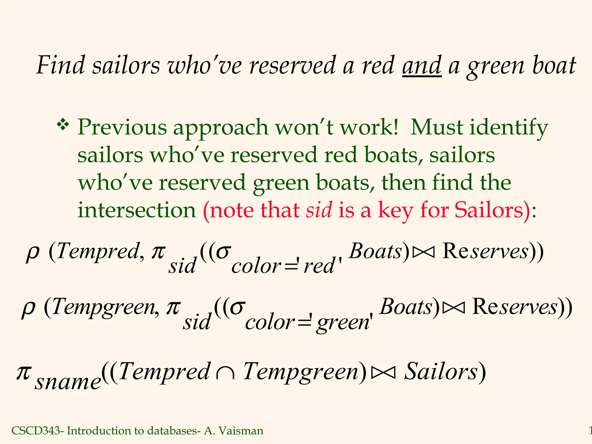 CSCD343- Introduction to databases- A. Vaisman 1
Find sailors who’ve reserved a red and a green boat
 Previous approach won’t work! Must identify
sailors who’ve reserved red boats, sailors
who’ve reserved green boats, then find the
intersection (note that sid is a key for Sailors):
ρ π σ( , ((
' '
) Re ))Tempred
sid color red
Boats serves
=

π sname Tempred Tempgreen Sailors(( ) )∩ 
ρ π σ( , ((
' '
) Re ))Tempgreen
sid color green
Boats serves
=

 