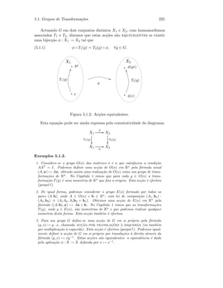 5.1. Grupos de Transforma¸c˜oes 225
Actuando G em dois conjuntos distintos X1 e X2, com homomorﬁsmos
associados T1 e T2, dizemos que estas ac¸c˜oes s˜ao equivalentes se existir
uma bijec¸c˜ao φ : X1 → X2 tal que
(5.1.1) φ ◦ T1(g) = T2(g) ◦ φ, ∀g ∈ G.
 
¡£¢ ¡¥¤
¦
§¨¦
 © ¦
 © §¨¦
 © §  © §
Figura 5.1.2: Ac¸c˜oes equivalentes.
Esta equa¸c˜ao pode ser ainda expressa pela comutatividade do diagrama:
X1
T1(g)

φ
GG X2
T2(g)

X1 φ
GG X2
Exemplos 5.1.2.
1. Considere-se o grupo O(n) das matrizes n × n que satisfazem a condi¸c˜ao
AAT
= I. Podemos deﬁnir uma ac¸c˜ao de O(n) em Rn
pela f´ormula usual
(A, x) → Ax, obtendo assim uma realiza¸c˜ao de O(n) como um grupo de trans-
forma¸c˜oes de Rn
. No Cap´ıtulo 1 vimos que para cada g ∈ O(n) a trans-
forma¸c˜ao T(g) ´e uma isometria de Rn
que ﬁxa a origem. Esta ac¸c˜ao ´e efectiva
(porquˆe?).
2. De igual forma, podemos considerar o grupo E(n) formado por todos os
pares (A, b), onde A ∈ O(n) e b ∈ Rn
, com lei de composi¸c˜ao (A1, b1) ·
(A2, b2) ≡ (A1A2, A1b2 + b1). Obtemos uma ac¸c˜ao de E(n) em Rn
pela
f´ormula ((A, b), x) → Ax + b. No Cap´ıtulo 1 vimos que as transforma¸c˜oes
T(g), onde g ∈ E(n), s˜ao isometrias de Rn
e que podemos realizar qualquer
isometria desta forma. Esta ac¸c˜ao tamb´em ´e efectiva.
3. Para um grupo G deﬁne-se uma ac¸c˜ao de G em si pr´oprio pela f´ormula
(g, x) → g · x, chamada acc¸˜ao por translac¸˜oes `a esquerda (ou tamb´em
por multiplica¸c˜ao `a esquerda). Esta ac¸c˜ao ´e efectiva (porquˆe?). Podemos igual-
mente deﬁnir a ac¸c˜ao de G em si pr´oprio por transla¸c˜oes `a direita atrav´es da
f´ormula (g, x) → xg−1
. Estas ac¸c˜oes s˜ao equivalentes: a equivalˆencia ´e dada
pela aplica¸c˜ao φ : X → X deﬁnida por x → x−1
.
 