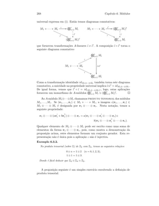 268 Cap´ıtulo 6. M´odulos
universal expressa em (i). Ent˜ao temos diagramas comutativos:
M1 × · · · × Mr
ι GG
ι @@€€€€€€€€€€€€€
r
i=1 Mi
1
1
1
˜ι
( r
i=1 Mi)
M1 × · · · × Mr
ι GG
ι
@@€€€€€€€€€€€€€ ( r
i=1 Mi)
1
1
1
˜ι
r
i=1 Mi
que fornecem transforma¸c˜oes A-lineares ˜ι e ˜ι . A composi¸c˜ao ˜ι ◦ ˜ι torna o
seguinte diagrama comutativo:
r
i=1 Mi
˜ι◦˜ι

M1 × · · · × Mr
ι
UUnnnnnnnnnnnn
ι
@@€€€€€€€€€€€€
r
i=1 Mi
Como a transforma¸c˜ao identidade idM1⊗···⊗Mr tamb´em torna este diagrama
comutativo, a unicidade na propriedade universal implica ˜ι◦˜ι = idM1⊗···⊗Mr .
De igual forma, vemos que ˜ι ◦ ˜ι = id(M1⊗···⊗Mr) , logo, estas aplica¸c˜oes
fornecem um isomorﬁsmo de A-m´odulos r
i=1 Mi ( r
i=1 Mi) .
Ao A-m´odulo M1⊗· · ·⊗Mr chamamos produto tensorial dos m´odulos
M1, . . . , Mr. Se (v1, . . . , vr) ∈ M1 × · · · × Mr, a imagem ι(v1, . . . , vr) ∈
M1 ⊗ · · · ⊗ Mr ´e designada por v1 ⊗ · · · ⊗ vr. Nesta nota¸c˜ao, temos a
seguinte propriedade:
v1 ⊗ · · · ⊗ (avi + bvi ) ⊗ · · · ⊗ vr = a(v1 ⊗ · · · ⊗ vi ⊗ · · · ⊗ vr)+
b(v1 ⊗ · · · ⊗ vi ⊗ · · · ⊗ vr).
Qualquer elemento de M1 ⊗ · · · ⊗ Mr pode ser escrito como uma soma de
elementos da forma v1 ⊗ · · · ⊗ vr, pois, como mostra a demonstra¸c˜ao da
proposi¸c˜ao acima, estes elementos formam um conjunto gerador. Esta re-
presenta¸c˜ao n˜ao ´e ´unica pois a aplica¸c˜ao ι n˜ao ´e injectiva.
Exemplo 6.3.2.
No produto tensorial (sobre Z) de Z2 com Z4, temos as seguintes rela¸c˜oes:
0 ⊗ n = 1 ⊗ 2 (n = 0, 1, 2, 3),
1 ⊗ 1 = 1 ⊗ 3.
Donde ´e f´acil deduzir que Z2 ⊗ Z4 Z2.
A proposi¸c˜ao seguinte ´e um simples exerc´ıcio envolvendo a deﬁni¸c˜ao de
produto tensorial.
 