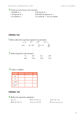 EJERCICIOS Y PROBLEMAS 1º ESO TEMA 10: ÁLGEBRA
3
 