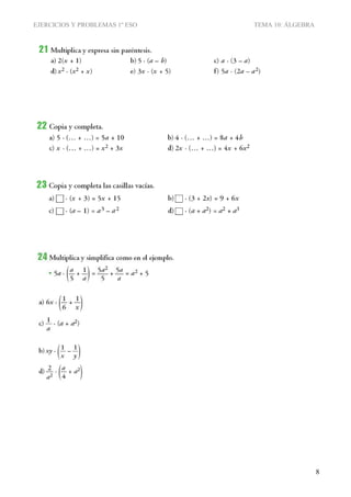 EJERCICIOS Y PROBLEMAS 1º ESO TEMA 10: ÁLGEBRA
8
 