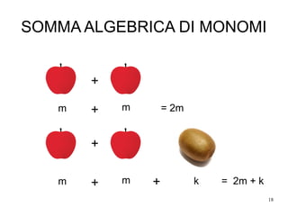18
SOMMA ALGEBRICA DI MONOMI
+
m m+ = 2m
+
+m + m k = 2m + k
 
