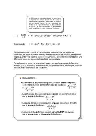 102
= m5
– (m4
) (2) + (m3
) (2²) – (m2
)(m³) + m •24
–25
Organizando = m5
– 2m4
+ 4m³ - 8m² + 16m – 32
Es de resaltar que cuando el denominador es una suma, los signos se
combinan, es decir el primer término de este resultado es positivo, el segundo
negativo, el tercero positivo y así sucesivamente. Cuando el numerador es una
diferencia todos los signos del resultado son positivos.
Para el caso de suma de potencias impares se puede proceder de la mima
manera que lo planteado anteriormente, porque esta suma es siempre divisible
por la suma o diferencias de sus bases.
REPASEMOS…
• La diferencia de potencias iguales, ya sean pares o impares,
es siempre divisible por la diferencia de sus bases
ó
• La diferencia de potencias iguales pares es siempre divisible
por la suma de las bases
• La suma de las potencias iguales impares es siempre divisible
por la suma de las bases
• La suma de las potencias iguales pares NUNCA es divisible
por la suma ni por la diferencia de las bases.
X² - Y²
X - YX³ - Y³
X - Y
X² - Y²
X + Y
X³ + Y³
X + Y
La diferencia de potencias iguales, ya sean pares
o impares se puede dividir por la suma o
diferencia de sus bases y el resultado se empieza
por un grado menos de las potencias del
dividendo, el siguiente término va descendiendo
de grado y el segundo término va aumentando
hasta completar un grado menos del dividendo.
m6
– 64
m+2
 