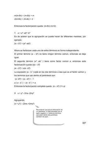 107
m(m-6n) ÷ (m-6n) = m
2(m-6n) ÷ (m-6n) = 2
Entonces la factorización queda: (m-6n) (m+2)
7. a + a² -ab² -b²
Es de aclarar que la agrupación se puede hacer de diferentes maneras, por
ejemplo:
(a – b²) + (a² -ab²)
Ahora se factorizan cada uno de estos términos en forma independiente:
El primer término (a – b²) no tiene ningún término común, entonces se deja
igual.
El segundo término (a² -ab 2
) tiene como factor común a, entonces esta
factorización queda a(a – b²)
(a – b²) + a(a –b²).
La expresión (a - b 2
) está en los dos términos o sea que es el factor común y
los terminos que van dentro el paréntesis son:
(a –b²) ÷ (a – b²) = 1
a ( a - b 2
) ÷(a - b 2
) = a
Entonces la factorización completa queda (a – b²) (1+ a)
8. x + y² - 2mx -2my²
Agrupando:
(x + y²) – (2mx +2my²)
Recordando que para la eliminación de
un paréntesis, si está precedido por el
signo negativo (-), todos los términos
que están dentro del paréntesis
cambian de signo.
 