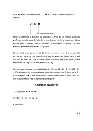 113
Si se va a factorizar la expresión x² + 8x + 15 se procede de la siguiente
manera:
x² + 8x + 15
x No tiene raíz exacta
Una vez ordenado el trinomio, se analiza si se trata de un trinomio cuadrado
perfecto, en este caso, la raíz del primer término es (x) y la raíz del último
término (15) no tiene raíz exacta, entonces no se trata de un trinomio cuadrado
perfecto, por lo tanto se realiza lo siguiente:
En dos factores se coloca la raíz del primer término (x ) (x ), luego se halla
un par de números que multiplicados den el valor del último término del
trinomio, en este caso 15 y sumados algebraicamente tengan un valor igual al
coeficiente del segundo término del trinomio (8).
Los pares de números que multiplicados de +15 son: (5 •3); (-5 •-3); (15 •1);
(-15• -1). Ahora de estas parejas se selección la pareja que al sumarse de 8.
Esta pareja es (5 •3). Con este par de números se completan los dos factores
que inicialmente se habían construido (x+5) (x+3)
EJERCICIOS RESUELTOS
14. Factorizar: m² + 5m + 6
m² +5m + 6 = (m + 3) (m + 2)
Explicación:
 