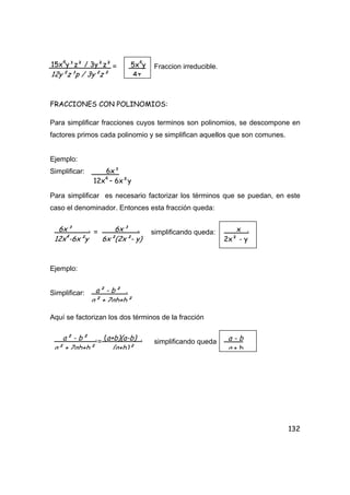 132
= Fraccion irreducible.
FRACCIONES CON POLINOMIOS:
Para simplificar fracciones cuyos terminos son polinomios, se descompone en
factores primos cada polinomio y se simplifican aquellos que son comunes.
Ejemplo:
Simplificar:
Para simplificar es necesario factorizar los términos que se puedan, en este
caso el denominador. Entonces esta fracción queda:
= simplificando queda:
Ejemplo:
Simplificar:
Aquí se factorizan los dos términos de la fracción
= simplificando queda
6x³ .
12x4
-6x²y
6x³ .
6x²(2x²- y)
15x4
y³z² / 3y²z²
12y²z³p / 3y²z²
5x4
y
4z
6x³
12x4
– 6x²y
x .
2x² - y
a² - b² .
a² + 2ab+b²
a² - b² .
a² + 2ab+b²
(a+b)(a-b) .
(a+b)²
a - b
a + b
 