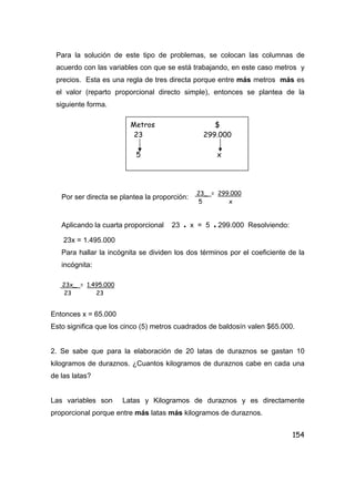 154
Para la solución de este tipo de problemas, se colocan las columnas de
acuerdo con las variables con que se está trabajando, en este caso metros y
precios. Esta es una regla de tres directa porque entre más metros más es
el valor (reparto proporcional directo simple), entonces se plantea de la
siguiente forma.
Por ser directa se plantea la proporción:
Aplicando la cuarta proporcional 23 • x = 5 • 299.000 Resolviendo:
23x = 1.495.000
Para hallar la incógnita se dividen los dos términos por el coeficiente de la
incógnita:
Entonces x = 65.000
Esto significa que los cinco (5) metros cuadrados de baldosín valen $65.000.
2. Se sabe que para la elaboración de 20 latas de duraznos se gastan 10
kilogramos de duraznos. ¿Cuantos kilogramos de duraznos cabe en cada una
de las latas?
Las variables son Latas y Kilogramos de duraznos y es directamente
proporcional porque entre más latas más kilogramos de duraznos.
Metros $
23 299.000
5 x
23_ = 299.000
5 x
23x_ = 1.495.000
23 23
 