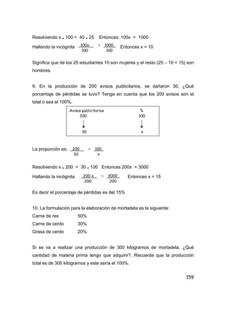 159
Resolviendo x . 100 = 40 . 25 Entonces: 100x = 1000
Hallando la incógnita Entonces x = 10
Significa que de los 25 estudiantes 10 son mujeres y el resto (25 – 10 = 15) son
hombres.
9. En la producción de 200 avisos publicitarios, se dañaron 30. ¿Qué
porcentaje de pérdidas se tuvo? Tenga en cuenta que los 200 avisos son el
total o sea el 100%.
La proporción es:
Resolviendo x . 200 = 30 . 100 Entonces 200x = 3000
Hallando la incógnita Entonces x = 15
Es decir el porcentaje de pérdidas es del 15%
10. La formulación para la elaboración de mortadela es la siguiente:
Carne de res 50%
Carne de cerdo 30%
Grasa de cerdo 20%
Si se va a realizar una producción de 300 kilogramos de mortadela. ¿Qué
cantidad de materia prima tengo que adquirir?. Recuerde que la producción
total es de 300 kilogramos y este sería el 100%.
100x = 1000 .
100 100
Avisos publicitarios %
200 100
30 x
200 = 100 .
30 x
200 x = 3000 .
200 200
 