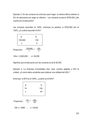 171
Ejemplo 3: En las compras de artículos para hogar, la señora María obtiene el
5% de descuento por pago en efectivo. Las compras sumaron $725.000 ¿De
cuanto fue el descuento?
Las compras equivalen al 100%, entonces se plantea: si $725.000 son el
100%, ¿A cuánto equivale el 5%?
$ %
725.000 100
x 5
Proporción:
100x = 3.625.000 ; x= 36.250
Significa que el descuento por las compras es de $ 36.250
Ejemplo 4: La Empresa Comestibles San José, compró galletas a $74 la
unidad. ¿A como debe venderlas para obtener una utilidad del 40%?
Entonces: si $74 es el 100%, ¿cuánto es el 40%?
$ %
74 100
x 40
Proporcion:
100 x = 2960 ; x = 29.60
725.000_ = _100_
x 5
74_ = _100_
x 40
 