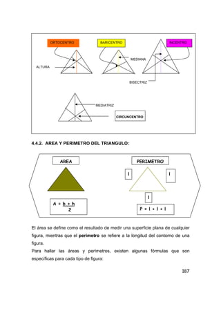 187
MEDIANA
ALTURA
BISECTRIZ
MEDIATRIZ
CIRCUNCENTRO
4.4.2. AREA Y PERIMETRO DEL TRIANGULO:
El área se define como el resultado de medir una superficie plana de cualquier
figura, mientras que el perímetro se refiere a la longitud del contorno de una
figura.
Para hallar las áreas y perímetros, existen algunas fórmulas que son
específicas para cada tipo de figura:
ORTOCENTRO BARICENTRO INCENTRO
AREA PERIMETRO
l
l
l
P = l + l + l
A = b + h
2
 