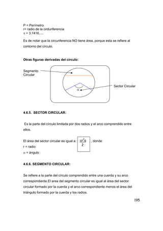 195
P = Perímetro
r= radio de la cirdunferencia
π = 3.1416.....
Es de notar que la circunferencia NO tiene área, porque esta se refiere al
contorno del círculo.
Otras figuras derivadas del círculo:
Segmento
Circular
Sector Circular
4.6.5. SECTOR CIRCULAR:
Es la parte del círculo limitada por dos radios y el arco comprendido entre
ellos.
El área del sector circular es igual a: , donde:
r = radio
α = ángulo
4.6.6. SEGMENTO CIRCULAR:
Se refiere a la parte del círculo comprendido entre una cuerda y su arco
correspondiente.El area del segmento circular es igual al área del sector
circular formado por la cuerda y el arco correspondiente menos el área del
triángulo formado por la cuerda y los radios.
πr2
a
2
α
 