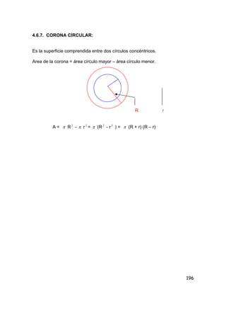 196
4.6.7. CORONA CIRCULAR:
Es la superficie comprendida entre dos círculos concéntricos.
Area de la corona = área círculo mayor – área círculo menor.
R r
A = π R 2
- π r 2
= π (R 2
- r 2
) = π (R + r) (R – r)
 