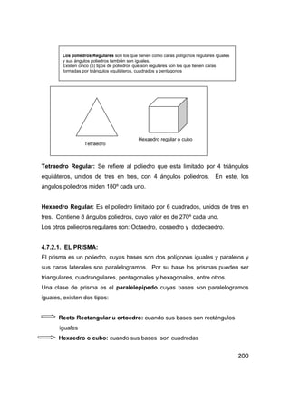 200
Tetraedro Regular: Se refiere al poliedro que esta limitado por 4 triángulos
equiláteros, unidos de tres en tres, con 4 ángulos poliedros. En este, los
ángulos poliedros miden 180º cada uno.
Hexaedro Regular: Es el poliedro limitado por 6 cuadrados, unidos de tres en
tres. Contiene 8 ángulos poliedros, cuyo valor es de 270º cada uno.
Los otros poliedros regulares son: Octaedro, icosaedro y dodecaedro.
4.7.2.1. EL PRISMA:
El prisma es un poliedro, cuyas bases son dos polígonos iguales y paralelos y
sus caras laterales son paralelogramos. Por su base los prismas pueden ser
triangulares, cuadrangulares, pentagonales y hexagonales, entre otros.
Una clase de prisma es el paralelepípedo cuyas bases son paralelogramos
iguales, existen dos tipos:
Recto Rectangular u ortoedro: cuando sus bases son rectángulos
iguales
Hexaedro o cubo: cuando sus bases son cuadradas
Los poliedros Regulares son los que tienen como caras polígonos regulares iguales
y sus ángulos poliedros también son iguales.
Existen cinco (5) tipos de poliedros que son regulares son los que tienen caras
formadas por triángulos equiláteros, cuadrados y pentágonos
Tetraedro
Hexaedro regular o cubo
 