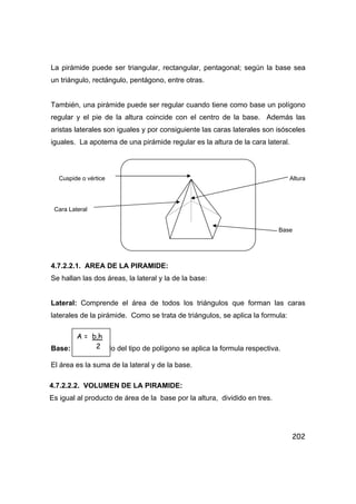 202
La pirámide puede ser triangular, rectangular, pentagonal; según la base sea
un triángulo, rectángulo, pentágono, entre otras.
También, una pirámide puede ser regular cuando tiene como base un polígono
regular y el pie de la altura coincide con el centro de la base. Además las
aristas laterales son iguales y por consiguiente las caras laterales son isósceles
iguales. La apotema de una pirámide regular es la altura de la cara lateral.
Cuspide o vértice Altura
Cara Lateral
Base
4.7.2.2.1. AREA DE LA PIRAMIDE:
Se hallan las dos áreas, la lateral y la de la base:
Lateral: Comprende el área de todos los triángulos que forman las caras
laterales de la pirámide. Como se trata de triángulos, se aplica la formula:
Base: Dependiendo del tipo de polígono se aplica la formula respectiva.
El área es la suma de la lateral y de la base.
4.7.2.2.2. VOLUMEN DE LA PIRAMIDE:
Es igual al producto de área de la base por la altura, dividido en tres.
A = b.h
2
 