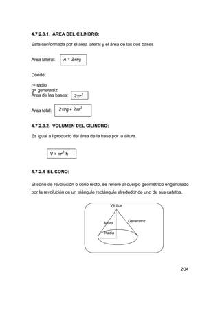 204
4.7.2.3.1. AREA DEL CILINDRO:
Esta conformada por el área lateral y el área de las dos bases
Area lateral:
Donde:
r= radio
g= generatriz
Area de las bases:
Area total:
4.7.2.3.2. VOLUMEN DEL CILINDRO:
Es igual a l producto del área de la base por la altura.
4.7.2.4 EL CONO:
El cono de revolución o cono recto, se refiere al cuerpo geométrico engendrado
por la revolución de un triángulo rectángulo alrededor de uno de sus catetos.
A = 2πrg
2πr2
2πrg + 2πr2
V = πr2
h
Vértice
Altura
Radio
Generatriz
 