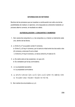 208
INFORMACION DE RETORNO
Muchos de los procesos que se muestran a continuación son sólo una de las
posibilidades de realizar un ejercicio, si la respuesta es coherente mediante un
proceso alterno correcto, el resultado es válido.
AUTOEVALUACION 1: CONJUNTOS Y NUMEROS
1. Son vacios los conjuntos b y c, los conjuntos a y c tienen un elemento cada
uno, dentro de las llaves.
2. a- Entre A y F se pueden contar 5 números.
b- Entre C y G hay 4 números, por lo tanto la mitad entre los dos está a dos
(2) números, entonces E es la mitad.
c- Entre B y H hay 6 números, un tercio entre B y H está en D.
3. a- Es cierto solo en las ocasiones en que a=b
b- Es verdadero por la ley conmutativa.
4. a- La propiedad asociativa
b- La propiedad conmutativa
5. a- (31• 7) + (31• 3) = [ ]7)130( •+ + [ ]3)130( •+ = (210 + 7) + (90+3) = 310
b- 15 • (3/5 + 2/3) = 15• 3/5 + 15• 2/3 = 9 +10 =19.
6. Son ciertos los enunciados a,c y d.
 