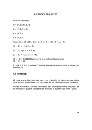 23
EJERCICIOS RESUELTOS:
Sean los conjuntos:
U = { 1,2,3,4,5,6,7,8 }
A = {1, 2, 3, 4,5}
B = {1, 2,3}
C = {4, 6,8}
Hallar: ( A ∪ B ); ( B∪ C ); ( C∪ A ); ( B ∩ C ); ( C ∩ A) ; B´
(A ∪ B) = {1, 2, 3, 4,5}
(B ∪ C) = {1, 2, 3, 4, 6, 8}
(C ∪ A) = {1, 2, 3, 4, 5, 6,8}
(B ∩ C) = O (CERO) por que no tienen elementos comunes
(C ∩ A) = {4}
B´ = {4, 5, 6, 7,8} (o sea que B´es igual a los elementos que están en U pero no
esten en B).
1.2. NUMEROS:
Al considerarse los conjuntos como una colección de elementos con cierta
característica que lo diferencian de los demás, los diferentes grupos numéricos:
Reales, Racionales, Enteros y Naturales son catalogados como conjuntos, de
tal manera que pueden representarse mediante el diagrama de Venn – Euler.
 