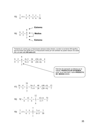 35
15)
54
7
6
1
9
7
1
6
9
7
6
9
7
=×=÷=÷
Extremo
16)
3
2
9
8
3
2
9
8
=÷ Medios
Extremo
Teniendo en cuenta que un fraccionario siempre indica division, es decir si se tienen 8/9 significa
que 8 se tiene que dividir por 9, un fraccionario divido por otro tambien se puede colocar uno sobre
otro, en este caso 8/9 sobre 2/3.
3
4
)618(
)624(
18
24
29
38
3
2
9
8
3
2
9
8
=
÷
÷
==
×
×
==÷
Este tipo de operación se efectúa por el
método PRODUCTO DE EXTREMOS,
como es el caso (8x3) sobre PRODUCTO
DE MEDIOS (9X29).
17)
7
12
)428(
)448(
28
48
47
316
3
4
7
16
3
4
7
16
=
÷
÷
==
×
×
==÷
18) 12
7
72
71
612
6
7
1
12
6
7
1
12
6
7
=
×
×
==÷=÷
19)
30
7
56
17
1
5
6
7
1
5
6
7
5
6
7
=
×
×
==÷=÷
 