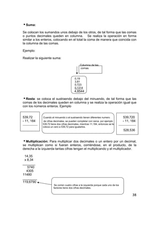 38
iSuma:
Se colocan los sumandos unos debajo de los otros, de tal forma que las comas
o puntos decimales queden en columna. Se realiza la operación en forma
similar a los enteros, colocando en el total la coma de manera que coincida con
la columna de las comas.
Ejemplo:
Realizar la siguiente suma:
Columna de las
comas
0,19
3,81
0,723
0,1314
4,8544
iResta: se coloca el sustraendo debajo del minuendo, de tal forma que las
comas de los decimales queden en columna y se realiza la operación igual que
con los números enteros. Ejemplo
539,72 Cuando el minuendo o el sustraendo tienen diferentes numero 539,720
- 11, 184 de cifras decimales, se pueden completar con ceros, por ejemplo - 11, 184
___________ 539,72 tiene dos cifras decimales, mientras 11,184, entonces se le _____________
coloca un cero a 539,72 para igualarlos.
528,536
iMultiplicación: Para multiplicar dos decimales o un entero por un decimal,
se multiplican como si fueran enteros, corriéndose, en el producto, de la
derecha a la izquierda tantas cifras tengan el multiplicando y el multiplicador.
14,35
x 8,34
_______
5740
4305
11480
________
119,6790
Se corren cuatro cifras a la izquierda porque cada uno de los
factores tiene dos cifras decimales.
 
