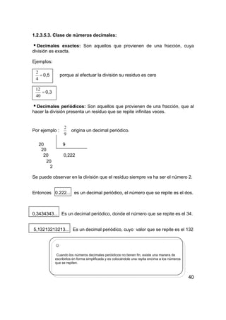 40
1.2.3.5.3. Clase de números decimales:
iDecimales exactos: Son aquellos que provienen de una fracción, cuya
división es exacta.
Ejemplos:
=
4
2
0,5 porque al efectuar la división su residuo es cero
=
40
12
0,3
iDecimales periódicos: Son aquellos que provienen de una fracción, que al
hacer la división presenta un residuo que se repite infinitas veces.
Por ejemplo :
9
2
origina un decimal periódico.
20 9
20
20 0,222
20
2
Se puede observar en la división que el residuo siempre va ha ser el número 2.
Entonces 0.222... es un decimal periódico, el número que se repite es el dos.
0,3434343... Es un decimal periódico, donde el número que se repite es el 34.
5,13213213213... Es un decimal periódico, cuyo valor que se repite es el 132
☺
Cuando los números decimales periódicos no tienen fin, existe una manera de
escribirlos en forma simplificada y es colocándole una rayita encima a los números
que se repiten.
 
