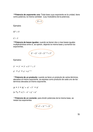 51
iPotencia de exponente uno: Toda base cuyo exponente es la unidad, tiene
como potencia, la misma cantidad. (Ley modulativa de la potencia).
3 31
=
Ejemplos
57 571
=
X X=1
iPotencia de bases iguales: cuando se tienen dos o mas bases iguales
multiplicándose entre si, se operan, dejando la misma base y sumando los
exponentes.
33
i 35
i 3 =6
3 14653
3=++
Ejemplos:
7 4
i 73
i 71
= 7 8134
7=++
z a
i zb
i zc
= z cba ++
hPotencia de un producto: cuando se tiene un producto de varios términos,
elevados al mismo exponente, se expresa como producto de cada uno de los
términos elevados al mismo exponente.
(4 i 7 i 9)3
= 43
i 73
i 93
(x iy i z ) =b
xb
i yb
i zb
hPotencia de un cociente: para dividir potencias de la misma base, se
restan los exponentes
3 =÷ 58
3 3 =−58
33
 