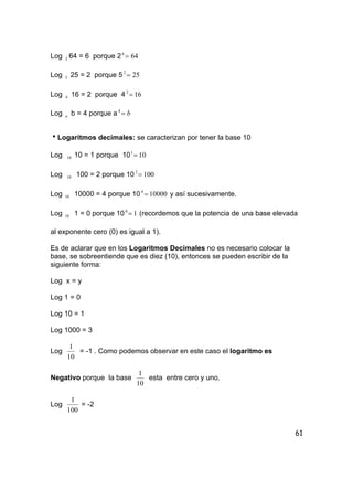 61
Log 2 64 = 6 porque 2 646
=
Log 5 25 = 2 porque 5 252
=
Log 4 16 = 2 porque 4 162
=
Log a b = 4 porque a b=4
hLogaritmos decimales: se caracterizan por tener la base 10
Log 10 10 = 1 porque 10 101
=
Log 10 100 = 2 porque 10 1002
=
Log 10 10000 = 4 porque 10 100004
= y así sucesivamente.
Log 10 1 = 0 porque 10 10
= (recordemos que la potencia de una base elevada
al exponente cero (0) es igual a 1).
Es de aclarar que en los Logaritmos Decimales no es necesario colocar la
base, se sobreentiende que es diez (10), entonces se pueden escribir de la
siguiente forma:
Log x = y
Log 1 = 0
Log 10 = 1
Log 1000 = 3
Log
10
1
= -1 . Como podemos observar en este caso el logaritmo es
Negativo porque la base
10
1
esta entre cero y uno.
Log
100
1
= -2
 