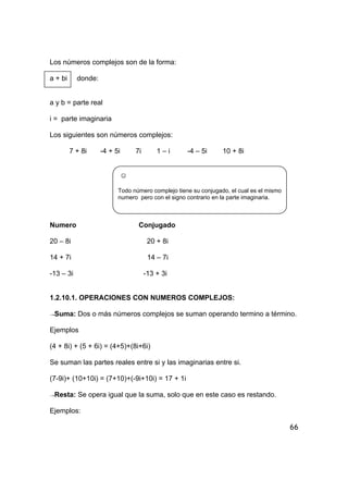 66
Los números complejos son de la forma:
a + bi donde:
a y b = parte real
i = parte imaginaria
Los siguientes son números complejos:
7 + 8i -4 + 5i 7i 1 – i -4 – 5i 10 + 8i
☺
Todo número complejo tiene su conjugado, el cual es el mismo
numero pero con el signo contrario en la parte imaginaria.
Numero Conjugado
20 – 8i 20 + 8i
14 + 7i 14 – 7i
-13 – 3i -13 + 3i
1.2.10.1. OPERACIONES CON NUMEROS COMPLEJOS:
→Suma: Dos o más números complejos se suman operando termino a término.
Ejemplos
(4 + 8i) + (5 + 6i) = (4+5)+(8i+6i)
Se suman las partes reales entre si y las imaginarias entre si.
(7-9i)+ (10+10i) = (7+10)+(-9i+10i) = 17 + 1i
→Resta: Se opera igual que la suma, solo que en este caso es restando.
Ejemplos:
 