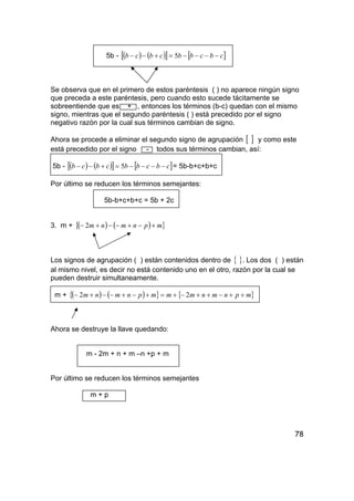 78
5b - ( ) ( )[ ] [ ]cbcbbcbcb −−−−=+−− 5
Se observa que en el primero de estos paréntesis ( ) no aparece ningún signo
que preceda a este paréntesis, pero cuando esto sucede tácitamente se
sobreentiende que es + , entonces los términos (b-c) quedan con el mismo
signo, mientras que el segundo paréntesis ( ) está precedido por el signo
negativo razón por la cual sus términos cambian de signo.
Ahora se procede a eliminar el segundo signo de agrupación [ ] y como este
está precedido por el signo - todos sus términos cambian, así:
5b - ( ) ( )[ ] [ ]cbcbbcbcb −−−−=+−− 5 = 5b-b+c+b+c
Por último se reducen los términos semejantes:
5b-b+c+b+c = 5b + 2c
3. m + ( ) ( ){ }mpnmnm +−+−−+− 2
Los signos de agrupación ( ) están contenidos dentro de { }. Los dos ( ) están
al mismo nivel, es decir no está contenido uno en el otro, razón por la cual se
pueden destruir simultaneamente.
m + ( ) ( ){ } { }mpnmnmmmpnmnm ++−++−+=+−+−−+− 22
Ahora se destruye la llave quedando:
m - 2m + n + m –n +p + m
Por último se reducen los términos semejantes
m + p
 